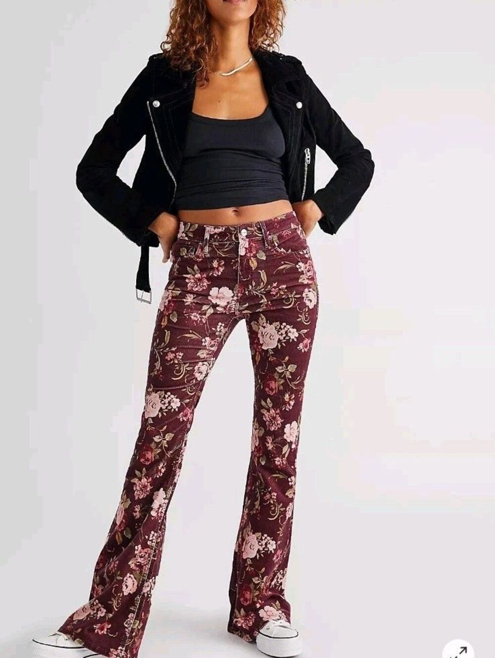 Free People Driftwood Corduroy bootcut Pants Jeans Floral Burgundy pink retro